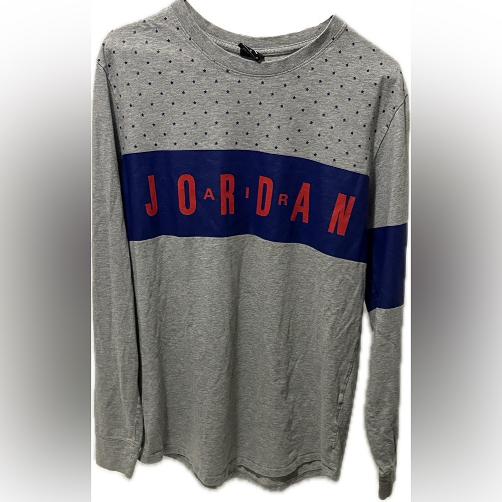 Air Jordan Gray Long Sleeve with Blue Stars and Red Logo